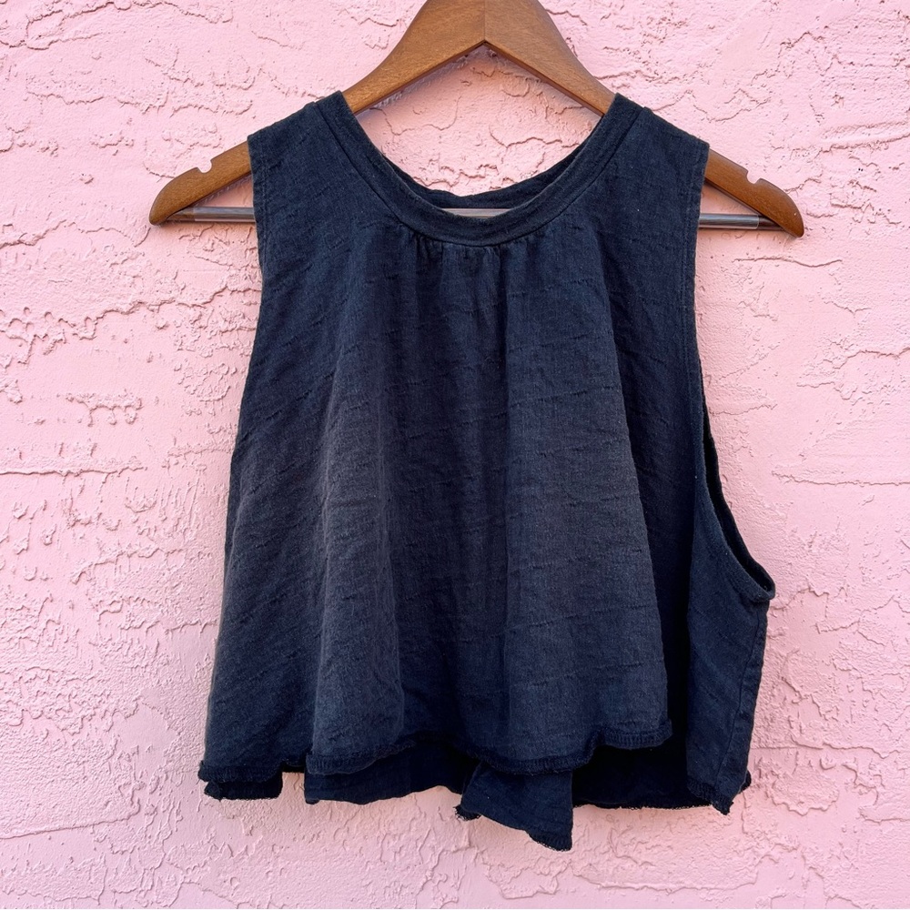 Free People Black Cropped Top Reworked Redesigned Oversized Cut Faded Large